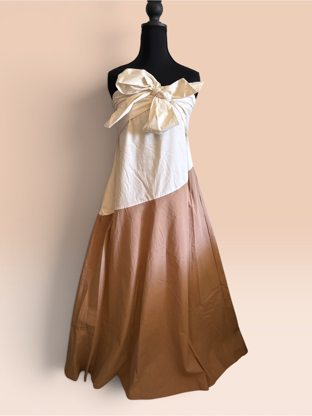 Dress Forum Two-Tone Cream and Brown Strapless Maxi Dress with Bow